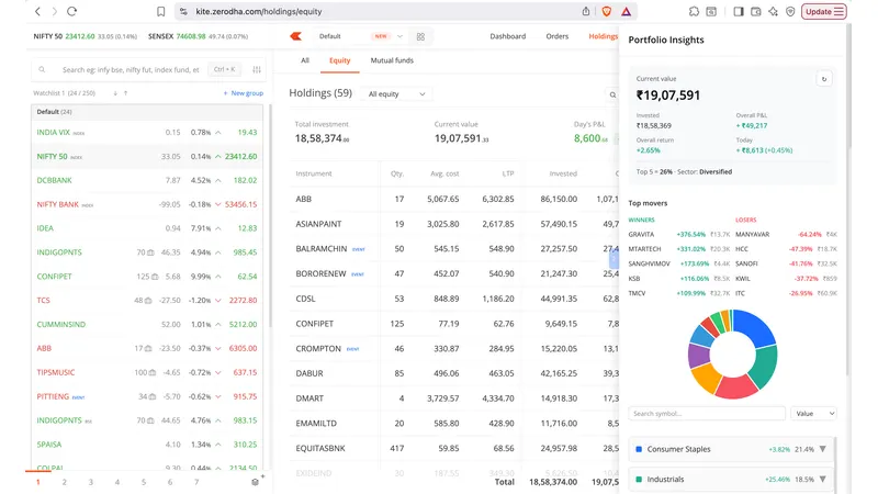 HoldingsTracker Pro sector breakdown and holdings insights alongside the Zerodha Kite holdings screen